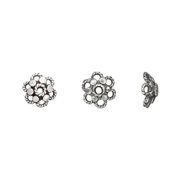 Bead cap, antiqued sterling silver, 8x3mm rope flower, fits 7-9mm bead. Sold per pkg of 2. image number 0