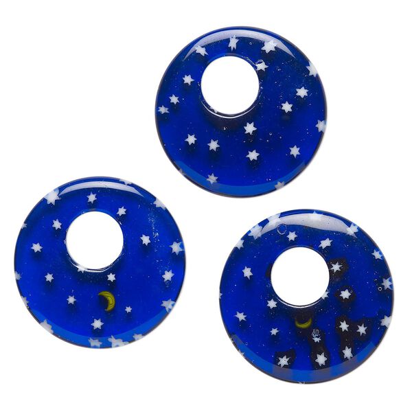Component, millefiori glass, translucent cobalt blue, yellow and white, 24-26mm undrilled go-go. Sold per pkg of 3. image number 0