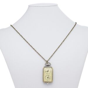 Necklace, plastic / steel / antique brass-plated steel / "pewter" (zinc-based alloy), black / pale yellow / clear, 57x27mm rectangle watch with numbers and Roman numerals, 28 inches with lobster claw clasp. Sold individually.