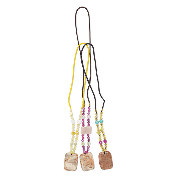 Necklace component mix, Everyday Jewelry, redline marble / multi-gemstone (natural / dyed) / nylon / acrylic / glass, multicolored, 40x30mm rounded rectangle, 20-inch continuous loop. Sold per pkg of 3. image number 0