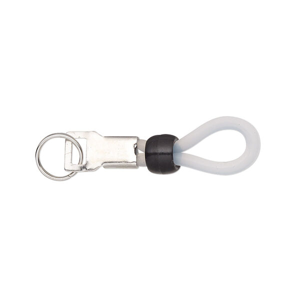 Eyeglass holder, rubber / acrylic / imitation rhodium-finished steel, clear and black, 30x6mm with 6x4mm rondelle and 7mm split ring, adjustable. Sold per pkg of 20. image number 0