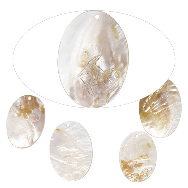 Focal, mother-of-pearl shell (natural/bleached), 58x42mm-70x51mm hand-carved oval with angelfish design, Mohs hardness 3-1/2. Sold per pkg of 5. image number 0