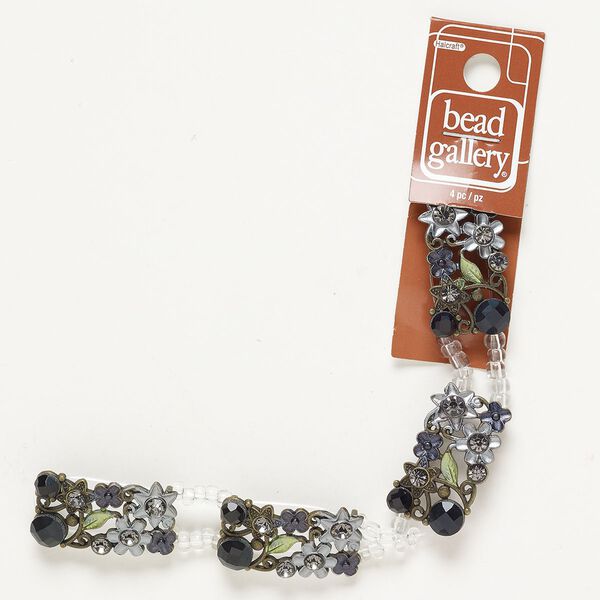 Bead spacer "pewter" zinc-based alloy acrylic glass, 4pk 32x18mm 2-strand rectangle, antique silver finish multicolored image number 0
