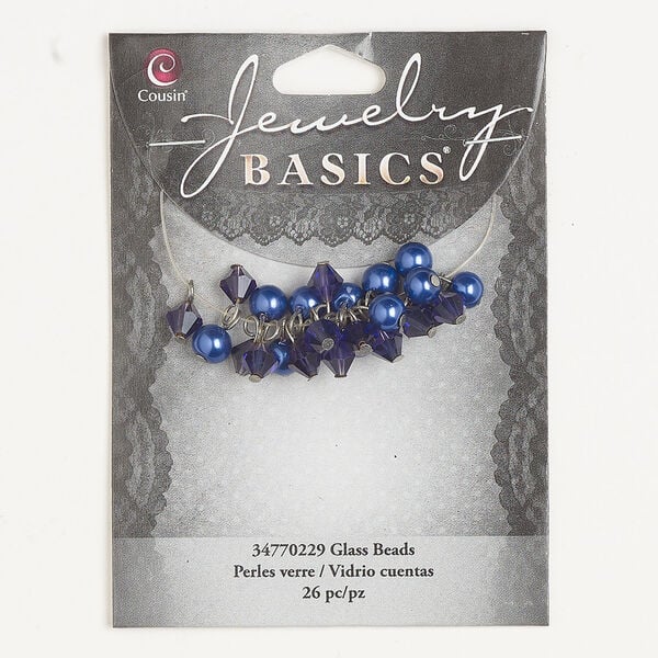 Drop assortment 1pkg26, silver-finished steel and glass, purple and blue, 6mm bicone / 6mm round. image number 0