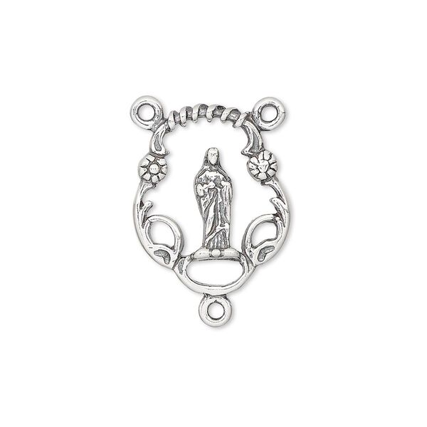 Connector, antiqued sterling silver, 20x16mm open oval rosary with Madonna. Sold individually. image number 0