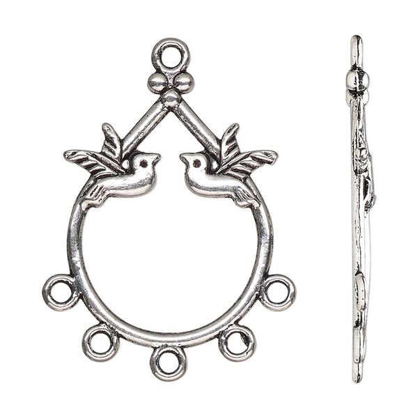 Drop, antique silver-finished "pewter" (zinc-based alloy), 29x23mm single-sided open teardrop with birds and 5 closed loops. Sold per pkg of 10. image number 0