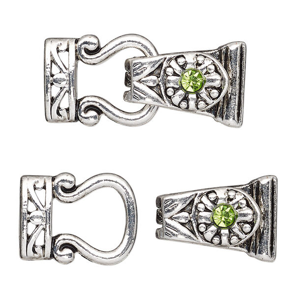 Clasp, magnetic, silver-finished "pewter" (zinc-based alloy) and glass, green, 29x13mm 2-strand fold-over. Sold per pkg of 2. image number 0