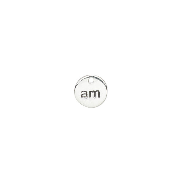 Drop, sterling silver and enamel, black, 8mm single-sided round with "am." Sold individually. image number 0
