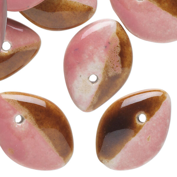 Bead, porcelain, pink and brown, 25x18mm top-drilled flat teardrop. Sold per pkg of 10. image number 0