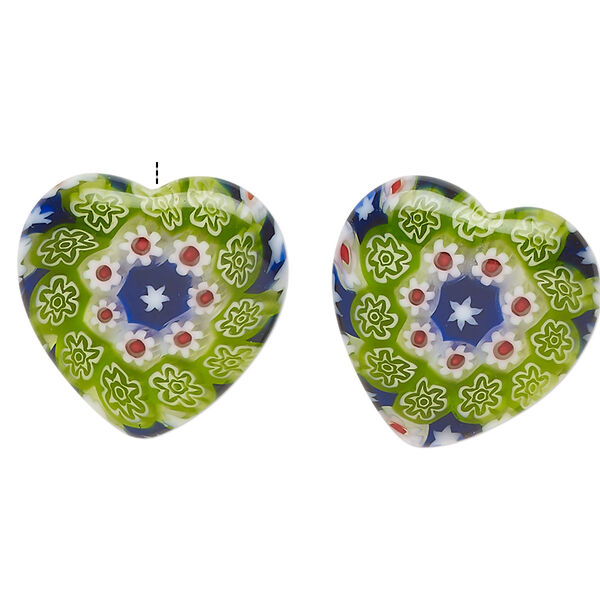 Bead, millefiori glass, translucent mixed colors, 19mm half-drilled puffed heart with star and flower design, 0.6-0.8mm hole. Sold per pkg of 2. image number 0