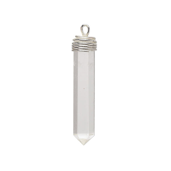 Drop, quartz crystal (natural) and silver-plated brass, 25x4mm-28x5mm wire-wrapped point, Mohs hardness 7. Sold individually. image number 0