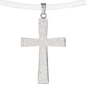 Pendant, epoxy / glass rhinestone / stainless steel, clear and white, 69x43mm single-sided cross. Sold individually.