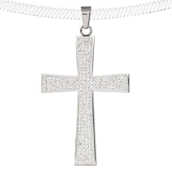Pendant, epoxy / glass rhinestone / stainless steel, clear and white, 69x43mm single-sided cross. Sold individually. image number 0