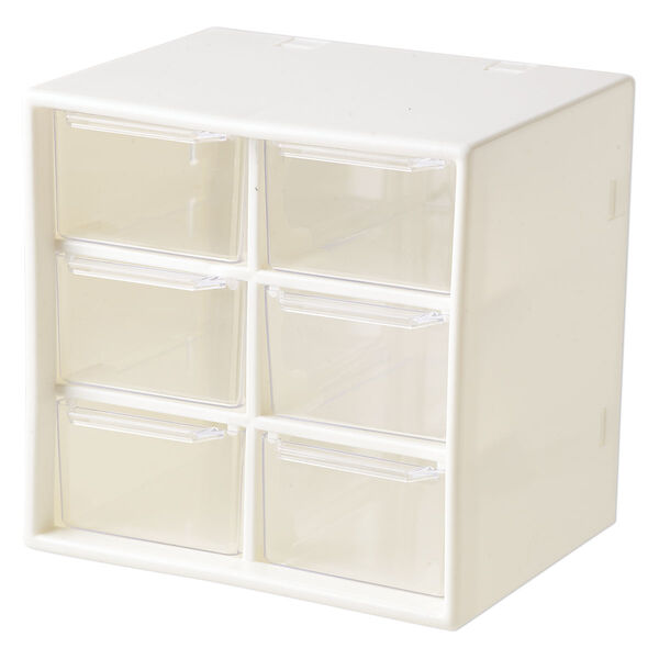 Organizer, plastic, white and clear, 4-3/4 x 4-5/8 x 3-13/16 inches with (6) removable drawers. Sold individually. image number 1