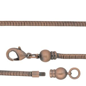 Dione® Easy-On Chain, antique copper-plated brass, 2.6mm snake, 7 inches with 3.3mm threaded ball end and lobster claw clasp. Sold individually.