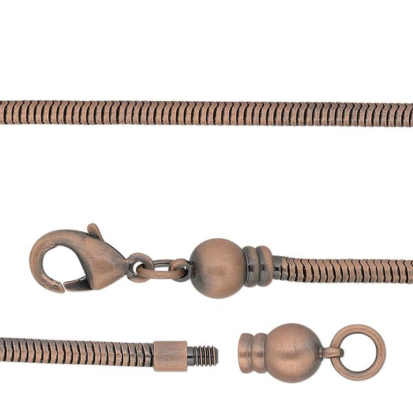 Dione® Easy-On Chain, antique copper-plated brass, 2.6mm snake, 7 inches with 3.3mm threaded ball end and lobster claw clasp. Sold individually. image number 0