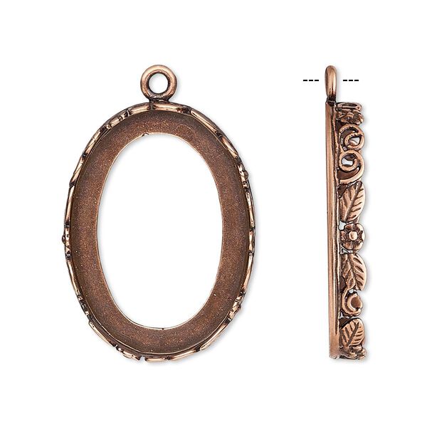 Drop, JBB Findings, antique copper-plated brass, 27x20mm oval with open back and flower and leaf design trim, 25x18mm oval bezel setting. Sold individually. image number 0