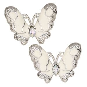 Charm, enamel / glass rhinestone / silver-finished "pewter" (zinc-based alloy), clear AB and cream, 29x22mm butterfly with 2 hidden loops. Sold per pkg of 2.