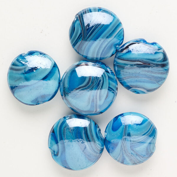 Bead, lampworked glass, opaque blue / black / white, 26-28mm puffed flat round with swirl design. Sold per pkg of 6. image number 0