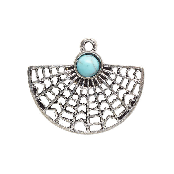 Focal, antique silver-finished "pewter" (zinc-based alloy) and "turquoise" (resin) (imitation), turquoise blue, 30x22mm single-sided fan. Sold per pkg of 4. image number 0