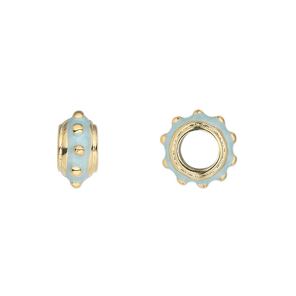 Bead, Dione®, gold-finished "pewter" (zinc-based alloy) and enamel, light blue, 12x6mm beaded rondelle with 5mm hole. Sold individually. image number 0