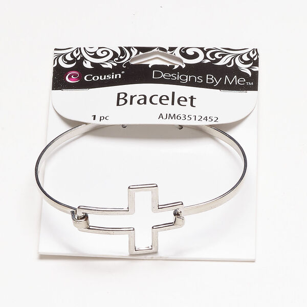 Bracelet, bangle 1pkg1, antique silver-finished steel, 27mm open cross, 6 inches with hook closure. image number 0