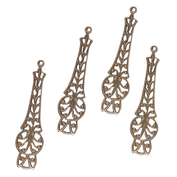 Focal, steel, pkg/4, 36x10mm drop with cutout design, antique bronze finish. image number 0