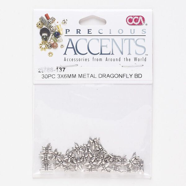 Component, antique silver-finished brass, 8.5x6.5mm undrilled dragonfly. Sold per pkg of 30. image number 0