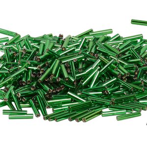 Bead, Miyuki, bugle bead, glass, pkg/250 g, 12x2.4mm center-drilled, silver-lined translucent green, (RBU-0016).