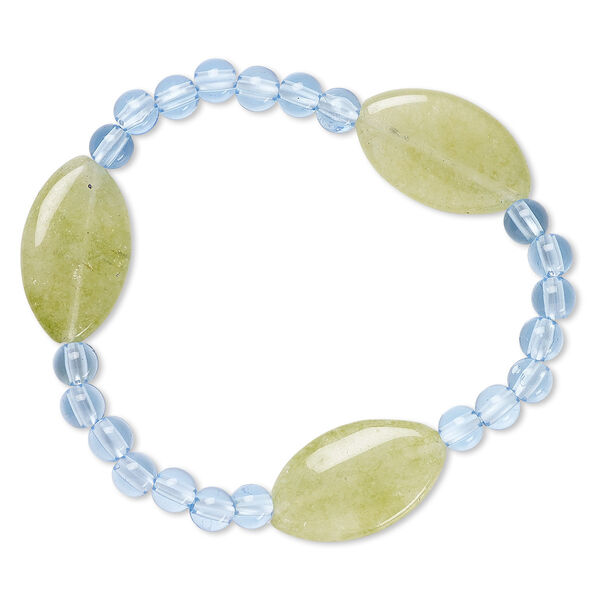 Bracelet, stretch, quartz (dyed) and acrylic, blue and green, 5mm round and 24x14mm-25x15mm flat marquise, 6-1/2 inches. Sold individually. image number 0