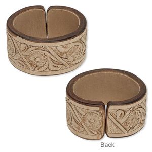 Bracelet, cuff, leather (dyed), tan and brown, 40mm wide with etched floral design, adjustable from 7-8 inches. Sold individually.