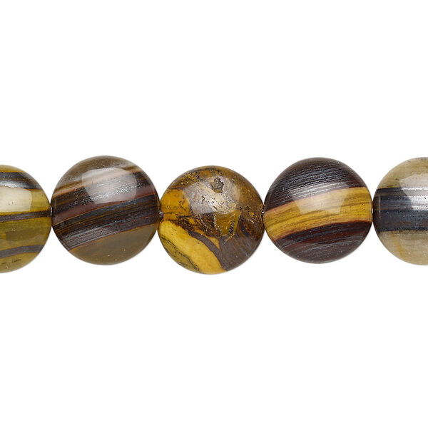 Bead, tiger iron and tiger zebra iron (natural), 12mm puffed flat round, B grade, Mohs hardness 7. Sold per 8-inch strand, approximately 15 beads. image number 0
