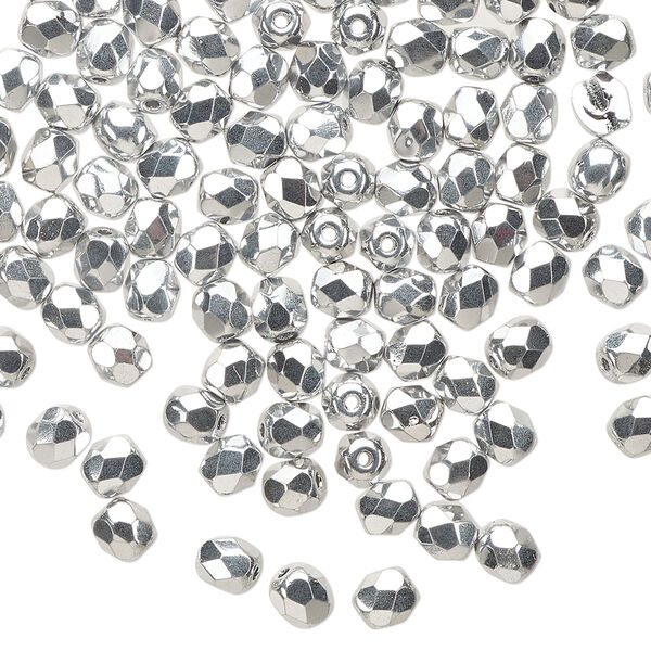 Bead 1pkg100 Czech fire-polished glass, 4mm faceted round, opaque metallic silver image number 0