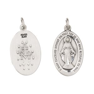 Drop, Britannia pewter (tin-based alloy), 21.5x14.5mm two-sided diamond-cut oval with Miraculous Madonna and "O MARY CONCEIVED WITHOUT SIN PRAY FOR US WHO HAVE RECOURSE TO THEE." Sold individually.