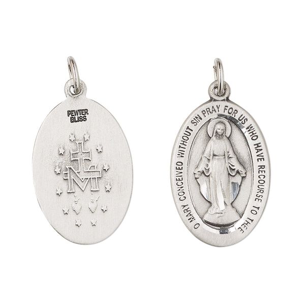 Drop, Britannia pewter (tin-based alloy), 21.5x14.5mm two-sided diamond-cut oval with Miraculous Madonna and "O MARY CONCEIVED WITHOUT SIN PRAY FOR US WHO HAVE RECOURSE TO THEE." Sold individually. image number 0