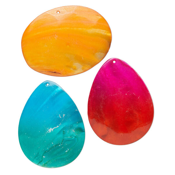 Focal mix, blister shell (coated), mixed colors, 3x2-1/2 inch teardrop and oval, Mohs hardness 3-1/2. Sold per pkg of 3. image number 0