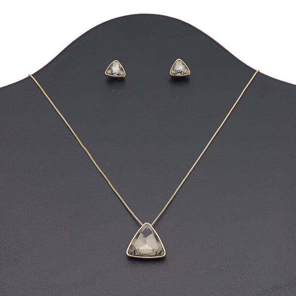 Necklace and earring set, glass / copper-plated brass / steel / "pewter" (zinc-based alloy), grey, 22x22x22mm triangle, 16 inches with 3-inch extender chain and lobster claw clasp, 12x12x12mm triangle with post. Sold per set. image number 0