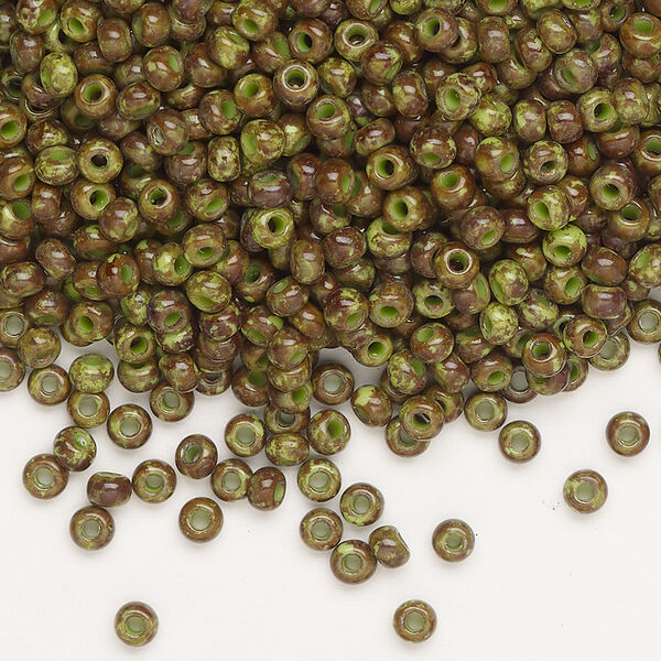 Seed bead, Preciosa Ornela, glass, opaque moss green travertine, #8 rocaille. Sold per 50-gram pkg. image number 0