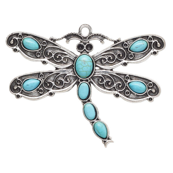 Focal, antique silver-finished "pewter" (zinc-based alloy) and "turquoise" (resin) (imitation), turquoise blue, 59x42mm single-sided dragonfly. Sold individually. image number 0