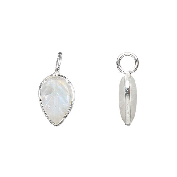 Drop, sterling silver and rainbow moonstone (natural), 14x9.5mm carved leaf to 6-1/2. Sold individually. image number 0