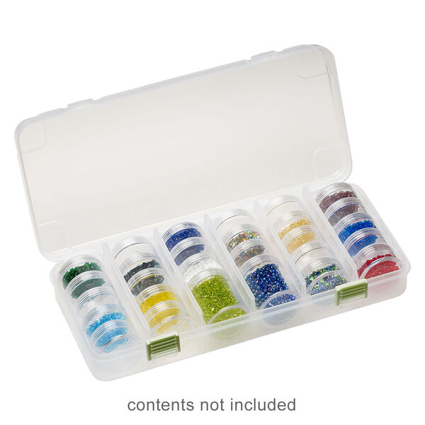 Organizer, plastic, clear, 10-5/8 x 5 x 1-3/4 inch rectangle, (26) 1-1/2x3/4 inch stackable jars and (2) 1-7/8 x 1-3/4 inch stackable jars, 5 removable compartments, snap closure. Sold individually. image number 0