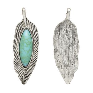 Pendant, "turquoise" (resin) (imitation) and antique silver-finished "pewter" (zinc-based alloy), turquoise blue, 60x20mm single-sided feather. Sold individually.