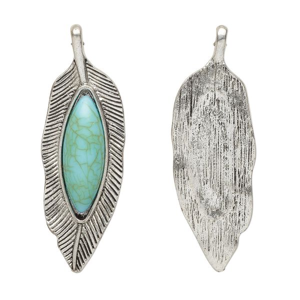 Pendant, "turquoise" (resin) (imitation) and antique silver-finished "pewter" (zinc-based alloy), turquoise blue, 60x20mm single-sided feather. Sold individually. image number 0