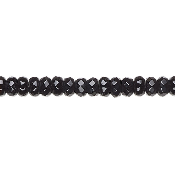 Bead, black onyx (dyed), 5x3mm faceted rondelle, B grade, Mohs hardness 6-1/2 to 7. Sold per 15-1/2" to 16" strand. image number 0