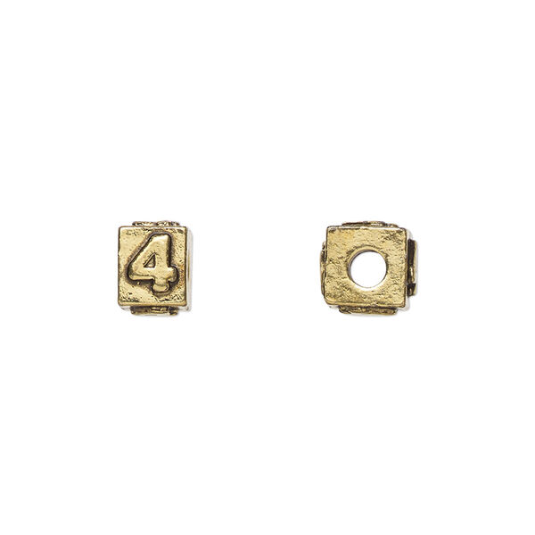 Bead, antique gold-plated pewter (tin-based alloy), 8x6mm rectangle with number "4." Sold per pkg of 4. image number 0