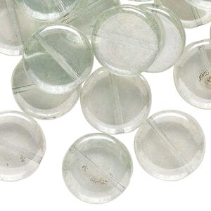 Bead, Czech pressed glass, translucent pale green, 15mm flat round. Sold per 2-ounce pkg, approximately 35 beads.