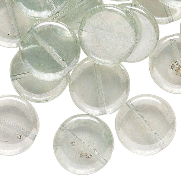 Bead, Czech pressed glass, translucent pale green, 15mm flat round. Sold per 2-ounce pkg, approximately 35 beads. image number 0