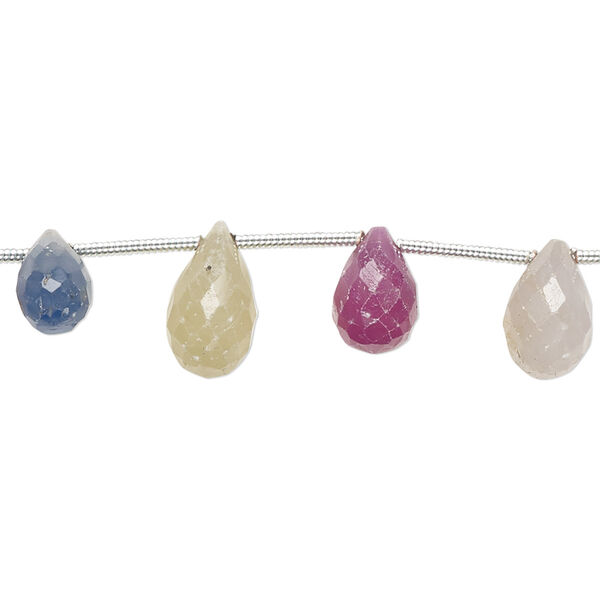Bead, multi-sapphire (heated), 6x5mm-10x6mm graduated hand-cut top-drilled faceted teardrop with 0.4-1.4mm hole, C+ grade, Mohs hardness 8. Sold per pkg of 17. image number 0