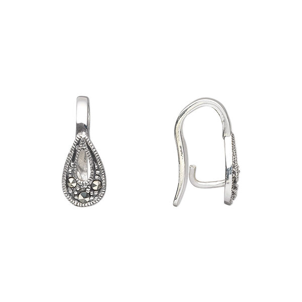 Bail, prong, sterling silver and marcasite, 3 stones, 16x6mm teardrop with 11mm grip length. Sold individually. image number 0