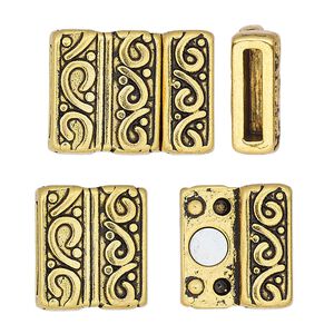Clasp magnetic 1pkg1 "pewter" (zinc alloy), 21.5x16.5mm rectangle / fits 12x2mm cord, antique gold-finished 1-strand